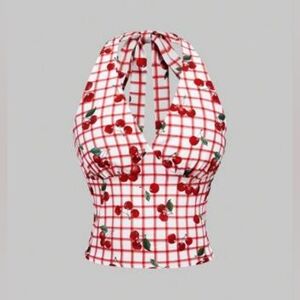 ROMWE Red and White Checkered Cherry Crop Top